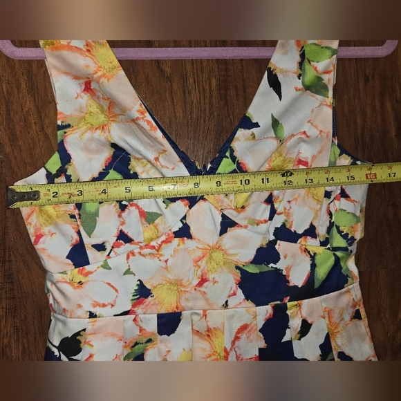J. Crew Navy Yellow Orange Cotton Floral Pleated V-Neck Dress - Picture 8 of 10